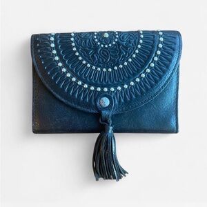 Patricia Nash Colli Black Leather Tooled Studed Fringe Tassel Wallet Clutch